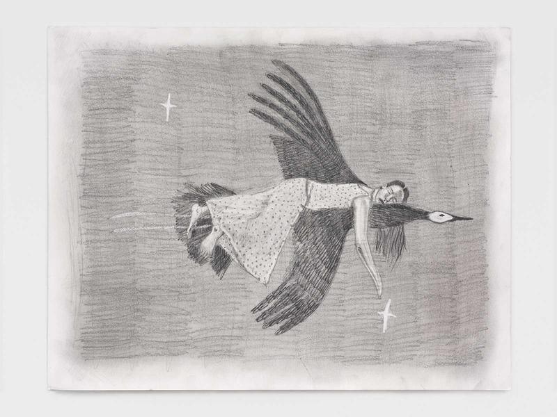  Megan Tighe ’23 Graphite on paper of woman resting atop a flying bird